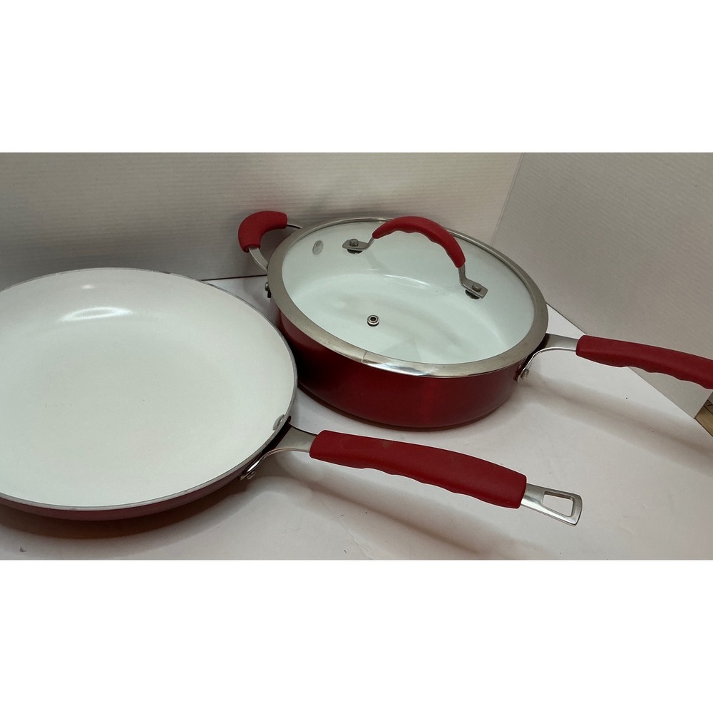 Bella Red Ceramic Non-Stick Cookware Set Frying Pan Sauté Pan with Lid‎ 10 Inch